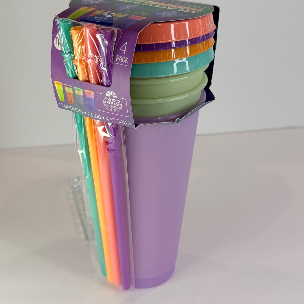 🆕 TAL 4pc Color Changing 24oz Glitter Tumbler Set w/ Straws